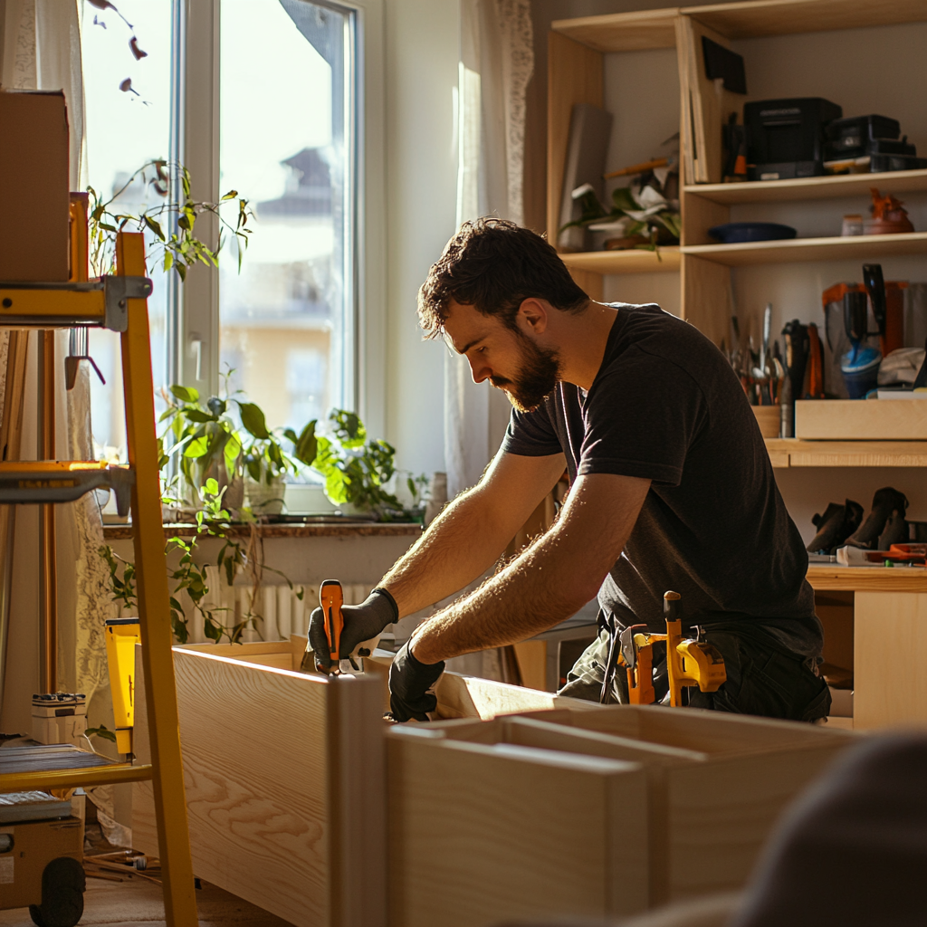Professional handyman doing carpentry and general repairs in Baltimore workshop