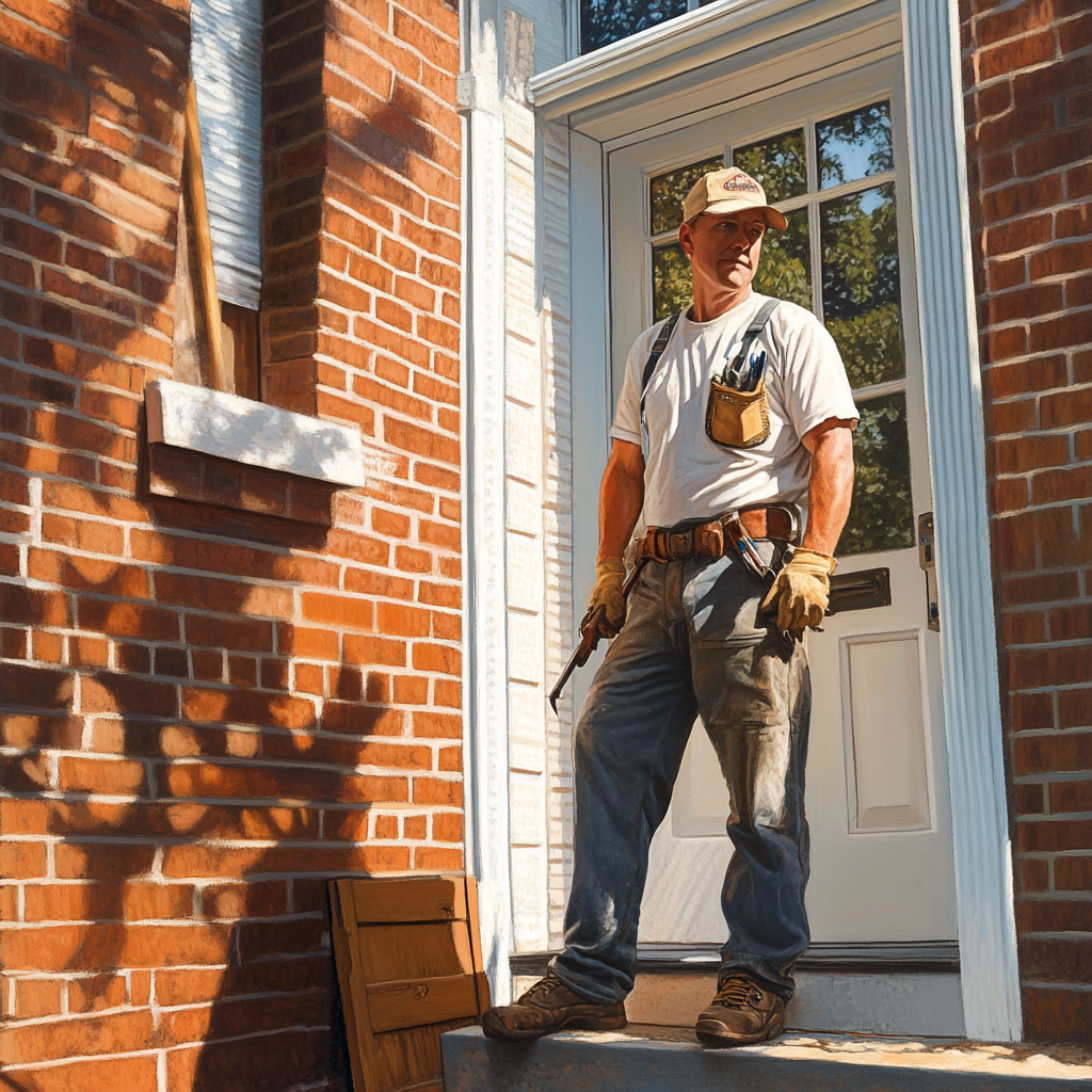 Professional handyman with tools at Baltimore home entrance providing reliable repair services